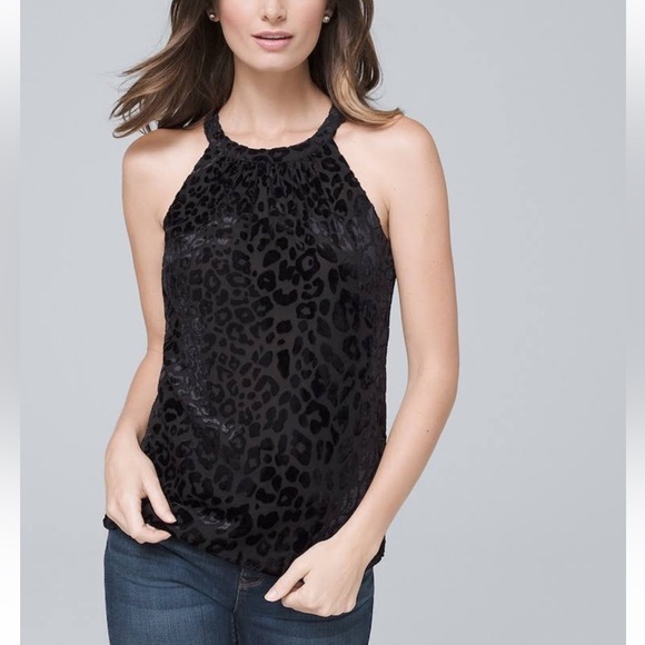 White House Black Market Tops - 159. White House Black Market Velvet Animal Print Halter in Black, Size Large